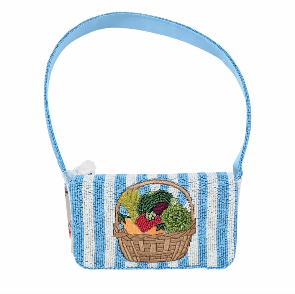 Viral TikTok Vegetable Basket Beaded Bag NWT Farmers Market Stripes
